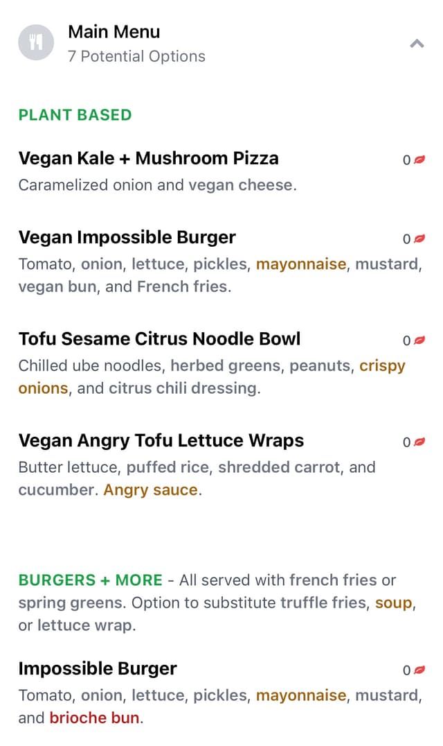 What's Vegan App Example Menu